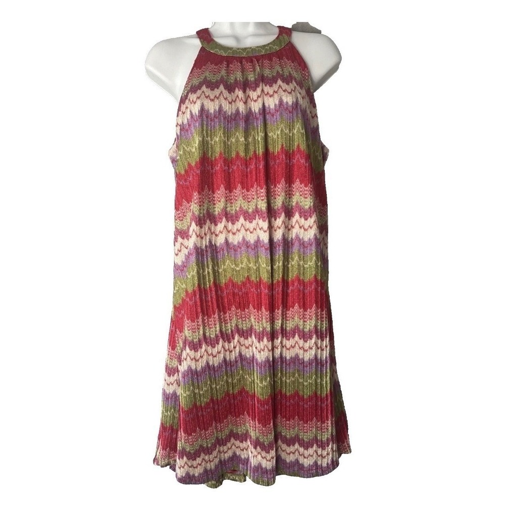 New York & Company Halter Dress Women M Red Green Chevron Pleated Zig Zag